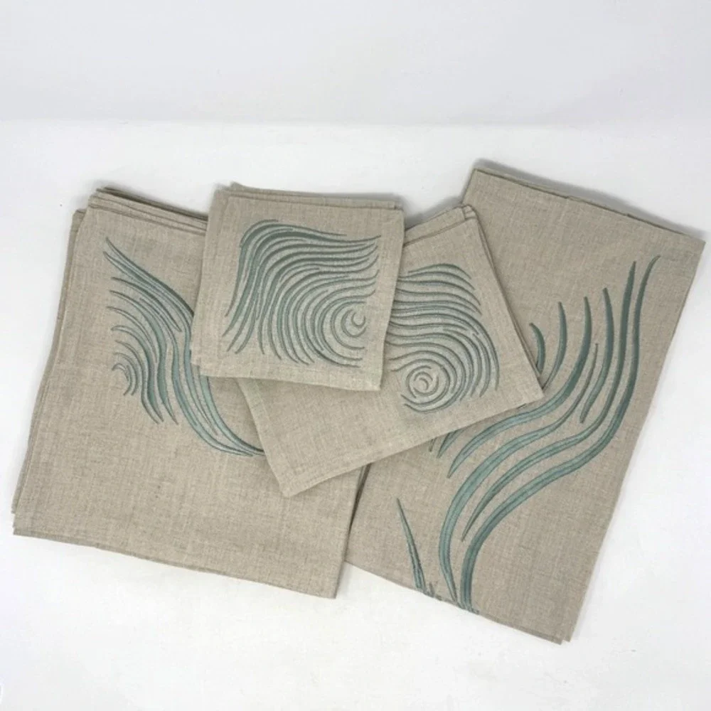 Viabrava 100% Linen Embroidered Placemats Napkins 19 Pieces Abstract Tropical